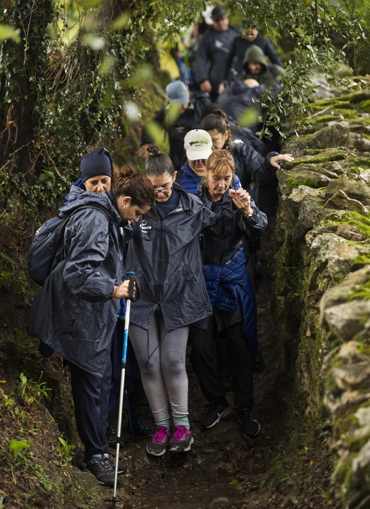 Grupo de personas caminando por un sendero estrecho en una doza de bosque. La persona que va en cabeza ayuda a una persona con discapacidad visual.