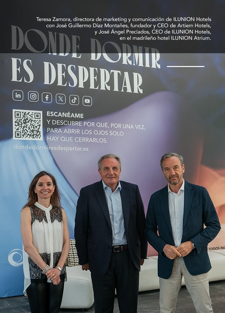 Teresa Zamora, directora de marketing y comunicación de ILUNION Hotels con José Guillermo Díaz Montañes, fundador y CEO de Artiem Hotels, y José Ángel Preciados, CEO de ILUNION Hotels, en el madrileño hotel ILUNION Atrium.