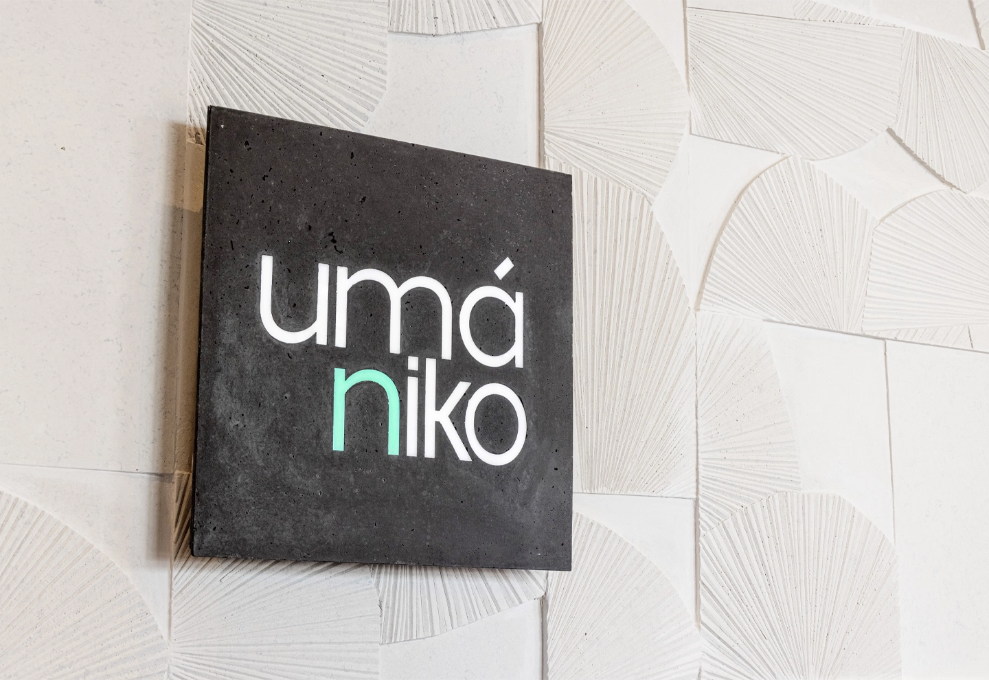 "Un panel decorativo de fondo con un diseño geométrico en tonos blancos y gris claro, compuesto por formas semicirculares y líneas texturizadas que crean un patrón abstracto. En el centro, hay un letrero cuadrado oscuro con el texto 'umániko', en el que las letras 'umá' están en blanco y la letra 'n' en un tono verde brillante, seguida de 'iko' en blanco."