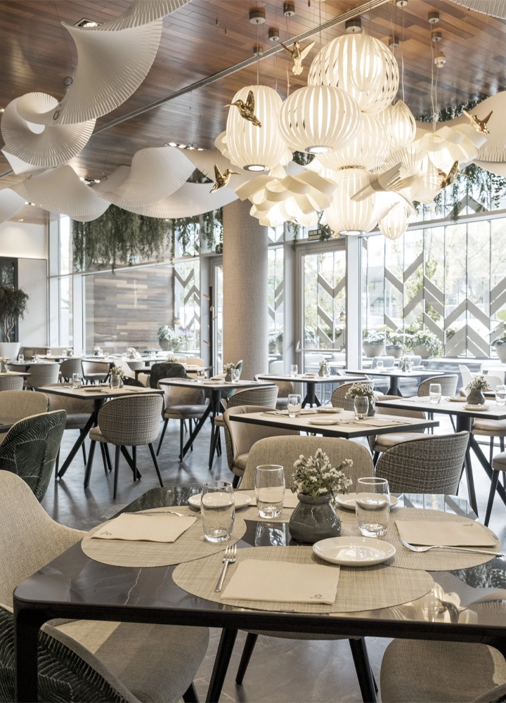 Un elegante restaurante con un ambiente luminoso y moderno. Las mesas, decoradas con manteles individuales, copas y cubiertos, están dispuestas ordenadamente. En el centro de cada mesa hay pequeños jarrones con flores blancas. El techo tiene un diseño decorativo con luces colgantes en forma de lámparas blancas de estilo geométrico y adornos dorados en forma de pájaros, que le otorgan un toque sofisticado. Grandes ventanales dejan entrar la luz natural, mientras las sillas tapizadas en tonos neutros complementan el diseño acogedor y elegante del lugar.