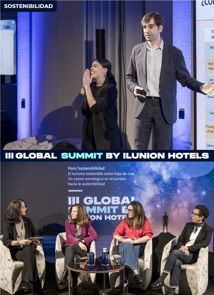 Montaje de dos imágenes del Summit de Sostenibilidad de ILUNION Hotels. En la imagen de arriba, Carlos Arango se encuentra dando una clase magistral mientras en la imagen de abajo, nos encontramos con la mesa de debate. Detrás de ellas hay una pantalla en la que pone:
