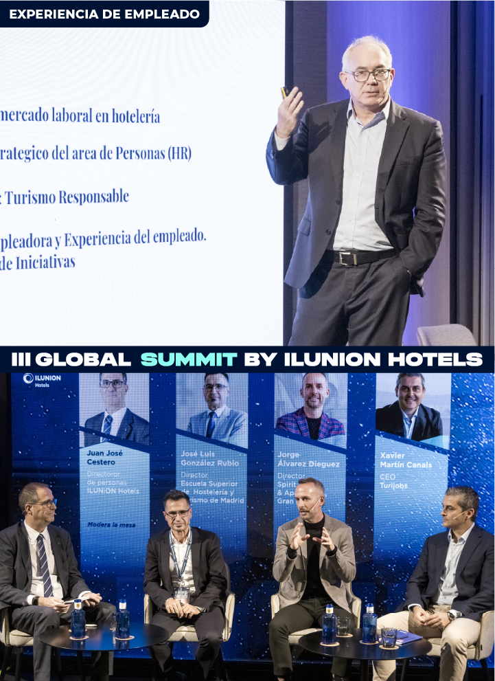 En la de arriba, el director de Personas de IBEROSTAR, Luis M.Zamora se encuentra dando la masterclass y en la imagen de abajo, Juan José Cestero comparte mesa con José Luis González Rubio, Jorge Álvarez y Xavier Martín. Detrás de ellos hay una imagen en la que se proyectan sus nombres y sus cargos junto a la gráfica del evento