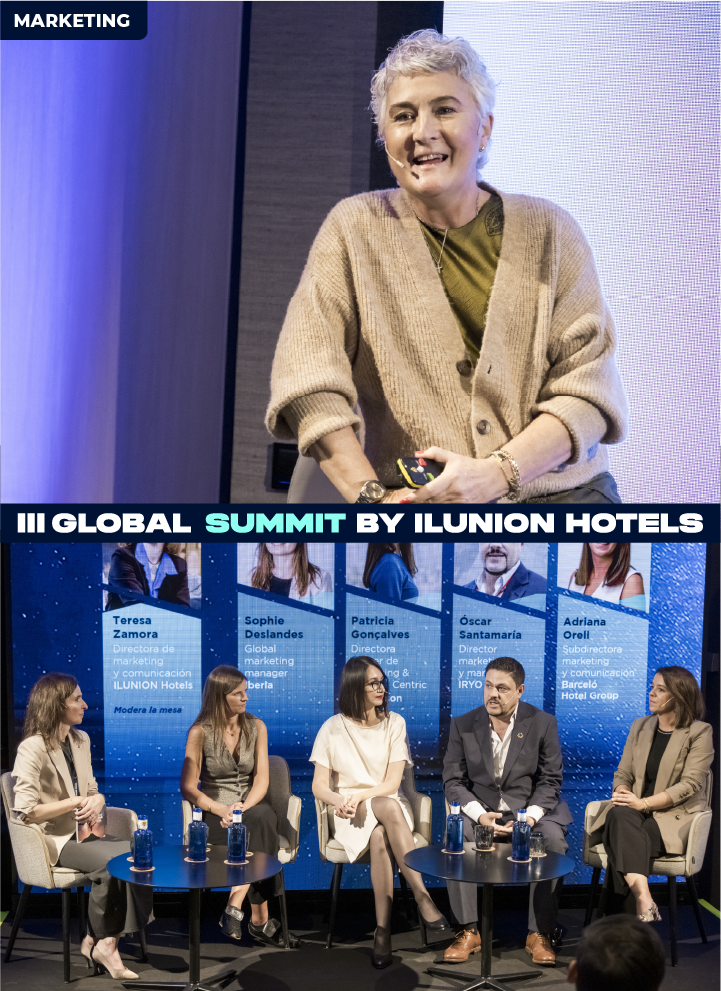 Montaje de dos imágenes del Summit de Marketing. En la foto de arriba, la presidenta de AEBRAND, Cristina Vicedo, está dando una ponencia y en la de abajo hay una imagen de la mesa de debate compuesta por Sophie Deslandes, Patricia Gonçalves, Óscar Santamaría y Adriana Orell que estuvo moderada por Teresa Zamora, la directora de Marketing y Comunicación de ILUNION Hotels