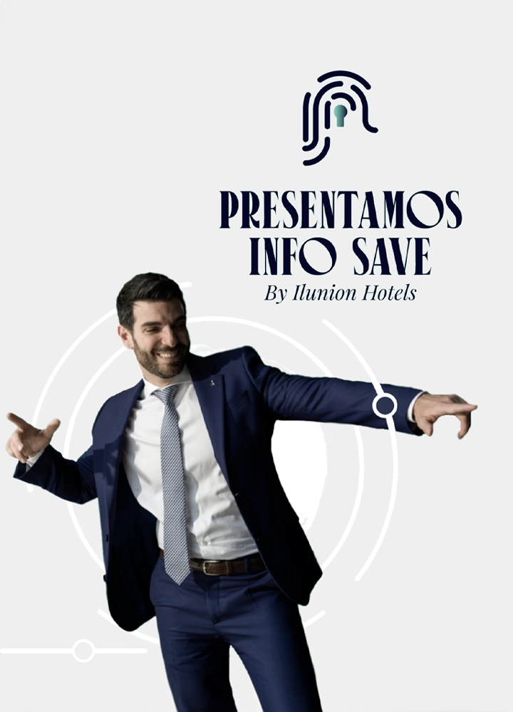 Imagen de la campaña Info Save, donde un hombre vestido con traje y corbata sonríe de manera desenfadada y relajada frente a la cámara.